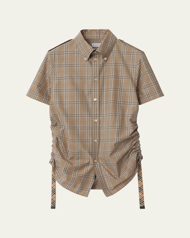 Ruched Check Short-Sleeve Shirt